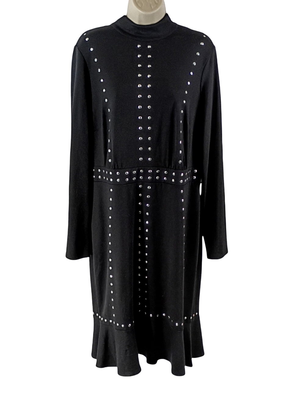 Lane Bryant Black Long-Sleeve Studded Midi Dress with Ruffle Hem